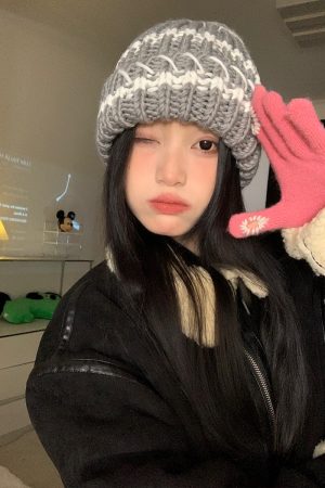 Striped Black Women's Winter Knitted Hat - Slouchy Warm Ear Protection - Versatile Korean Style Knitted Cap for Cold Weather