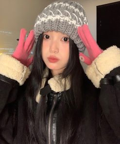 Striped Black Women's Winter Knitted Hat - Slouchy Warm Ear Protection - Versatile Korean Style Knitted Cap for Cold Weather