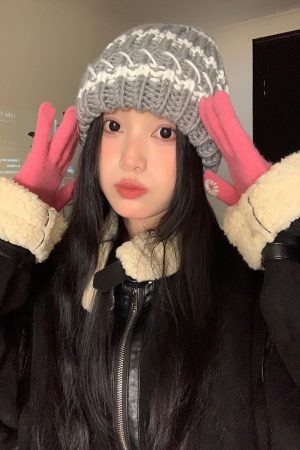 Striped Black Women's Winter Knitted Hat - Slouchy Warm Ear Protection - Versatile Korean Style Knitted Cap for Cold Weather