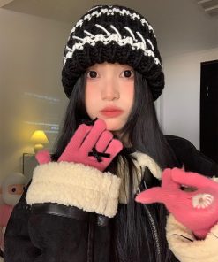 Striped Black Women's Winter Knitted Hat - Slouchy Warm Ear Protection - Versatile Korean Style Knitted Cap for Cold Weather