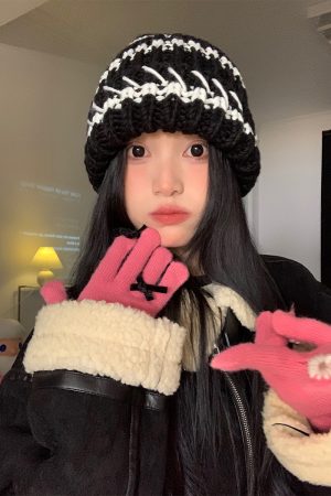 Striped Black Women's Winter Knitted Hat - Slouchy Warm Ear Protection - Versatile Korean Style Knitted Cap for Cold Weather