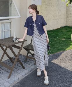 Striped Camisole Dress and Denim Short Sleeve Set - Trendy May Day Travel Outfit, Perfect for 90s and Y2K Style