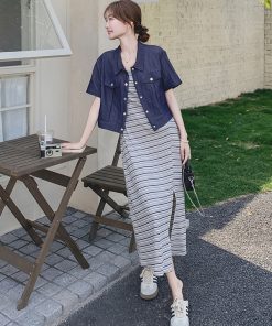 Striped Camisole Dress and Denim Short Sleeve Set - Trendy May Day Travel Outfit, Perfect for 90s and Y2K Style