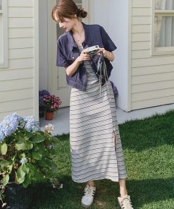 Striped Camisole Dress and Denim Short Sleeve Set - Trendy May Day Travel Outfit, Perfect for 90s and Y2K Style