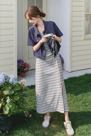 Striped Camisole Dress and Denim Short Sleeve Set - Trendy May Day Travel Outfit, Perfect for 90s and Y2K Style