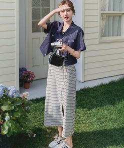 Striped Camisole Dress and Denim Short Sleeve Set - Trendy May Day Travel Outfit, Perfect for 90s and Y2K Style