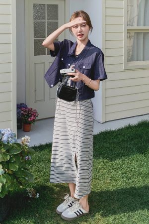 Striped Camisole Dress and Denim Short Sleeve Set - Trendy May Day Travel Outfit, Perfect for 90s and Y2K Style