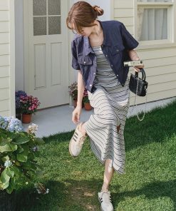 Striped Camisole Dress and Denim Short Sleeve Set - Trendy May Day Travel Outfit, Perfect for 90s and Y2K Style