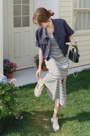 Striped Camisole Dress and Denim Short Sleeve Set - Trendy May Day Travel Outfit, Perfect for 90s and Y2K Style