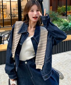 Striped Denim Shirt and Wide-Leg Pants Set for Women - Korean Style Casual Two-Piece Outfit for Spring and Autumn