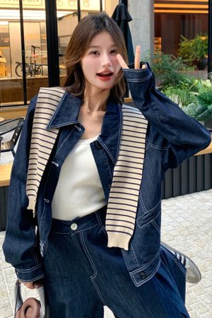 Striped Denim Shirt and Wide-Leg Pants Set for Women - Korean Style Casual Two-Piece Outfit for Spring and Autumn