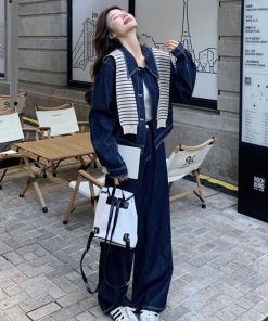 Striped Denim Shirt and Wide-Leg Pants Set for Women - Korean Style Casual Two-Piece Outfit for Spring and Autumn