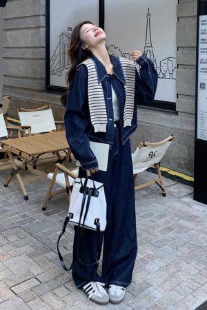 Striped Denim Shirt and Wide-Leg Pants Set for Women - Korean Style Casual Two-Piece Outfit for Spring and Autumn