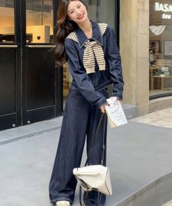 Striped Denim Shirt and Wide-Leg Pants Set for Women - Korean Style Casual Two-Piece Outfit for Spring and Autumn