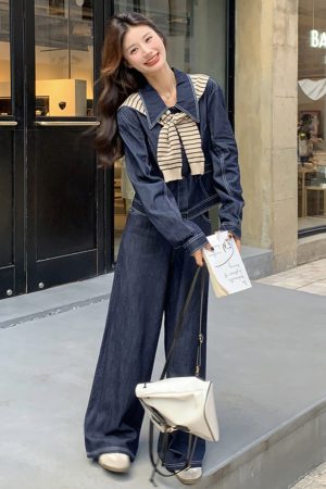 Striped Denim Shirt and Wide-Leg Pants Set for Women - Korean Style Casual Two-Piece Outfit for Spring and Autumn
