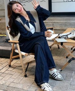 Striped Denim Shirt and Wide-Leg Pants Set for Women - Korean Style Casual Two-Piece Outfit for Spring and Autumn