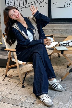 Striped Denim Shirt and Wide-Leg Pants Set for Women - Korean Style Casual Two-Piece Outfit for Spring and Autumn