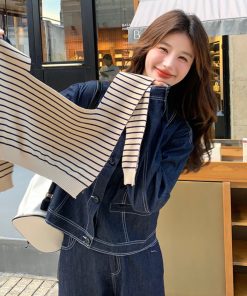 Striped Denim Shirt and Wide-Leg Pants Set for Women - Korean Style Casual Two-Piece Outfit for Spring and Autumn