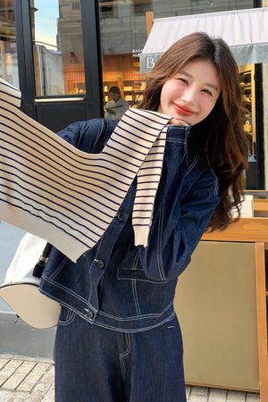 Striped Denim Shirt and Wide-Leg Pants Set for Women - Korean Style Casual Two-Piece Outfit for Spring and Autumn