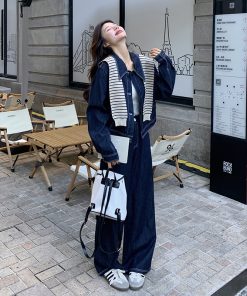Striped Denim Shirt and Wide-Leg Pants Set for Women - Korean Style Casual Two-Piece Outfit for Spring and Autumn