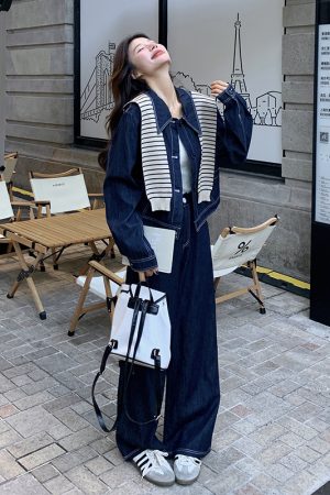 Striped Denim Shirt and Wide-Leg Pants Set for Women - Korean Style Casual Two-Piece Outfit for Spring and Autumn