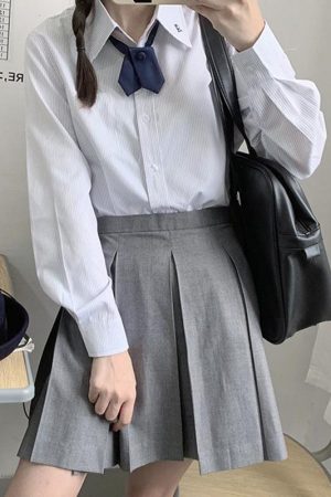 Striped Embroidered Long Sleeve Shirt for Women - Japanese JK Uniform Inspired, College Fashion, Trendy 90s Style