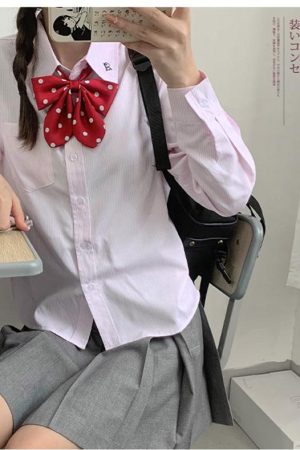 Striped Embroidered Long Sleeve Shirt for Women - Japanese JK Uniform Inspired, College Fashion, Trendy 90s Style