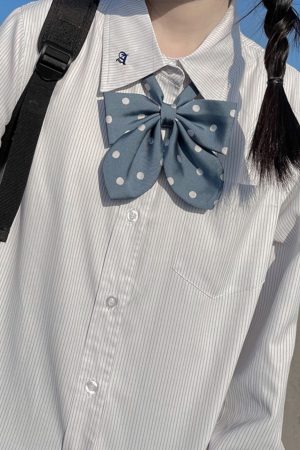 Striped Embroidered Long Sleeve Shirt for Women - Japanese JK Uniform Inspired, College Fashion, Trendy 90s Style