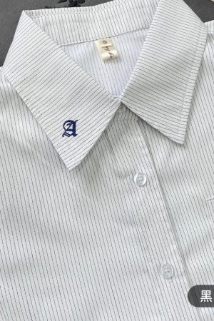 Striped Embroidered Long Sleeve Shirt for Women - Japanese JK Uniform Inspired, College Fashion, Trendy 90s Style