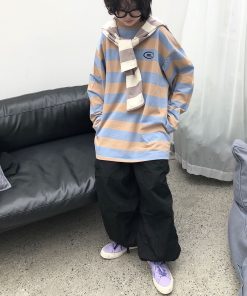 Striped Japanese Loose Fit T-Shirt - Versatile Casual Sweatshirt for Students - Unisex Spring Fashion Inspired by 90s and Y2K Styles