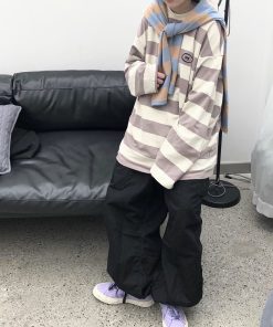 Striped Japanese Loose Fit T-Shirt - Versatile Casual Sweatshirt for Students - Unisex Spring Fashion Inspired by 90s and Y2K Styles