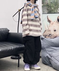 Striped Japanese Loose Fit T-Shirt - Versatile Casual Sweatshirt for Students - Unisex Spring Fashion Inspired by 90s and Y2K Styles