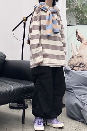 Striped Japanese Loose Fit T-Shirt - Versatile Casual Sweatshirt for Students - Unisex Spring Fashion Inspired by 90s and Y2K Styles