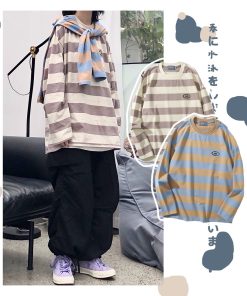Striped Japanese Loose Fit T-Shirt - Versatile Casual Sweatshirt for Students - Unisex Spring Fashion Inspired by 90s and Y2K Styles