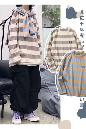 Striped Japanese Loose Fit T-Shirt - Versatile Casual Sweatshirt for Students - Unisex Spring Fashion Inspired by 90s and Y2K Styles