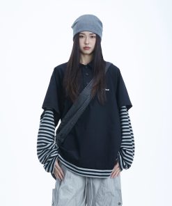 Striped Long Sleeve Fake Two-Piece T-Shirt for Women, Polo Collar Top, Spring 2025, Trendy American Style, Casual Korean Fashion