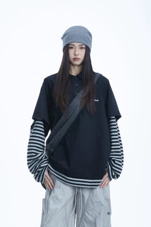 Striped Long Sleeve Fake Two-Piece T-Shirt for Women, Polo Collar Top, Spring 2025, Trendy American Style, Casual Korean Fashion