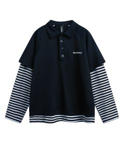 Striped Long Sleeve Fake Two-Piece T-Shirt for Women, Polo Collar Top, Spring 2025, Trendy American Style, Casual Korean Fashion