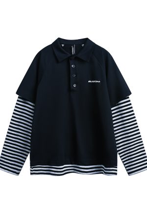 Striped Long Sleeve Fake Two-Piece T-Shirt for Women, Polo Collar Top, Spring 2025, Trendy American Style, Casual Korean Fashion