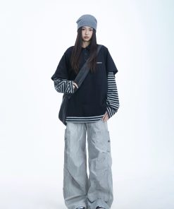 Striped Long Sleeve Fake Two-Piece T-Shirt for Women, Polo Collar Top, Spring 2025, Trendy American Style, Casual Korean Fashion