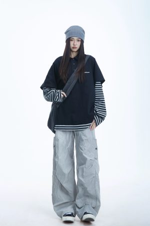 Striped Long Sleeve Fake Two-Piece T-Shirt for Women, Polo Collar Top, Spring 2025, Trendy American Style, Casual Korean Fashion