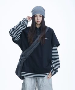 Striped Long Sleeve Fake Two-Piece T-Shirt for Women, Polo Collar Top, Spring 2025, Trendy American Style, Casual Korean Fashion