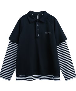 Striped Long Sleeve Fake Two-Piece T-Shirt for Women, Polo Collar Top, Spring 2025, Trendy American Style, Casual Korean Fashion