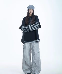 Striped Long Sleeve Fake Two-Piece T-Shirt for Women, Polo Collar Top, Spring 2025, Trendy American Style, Casual Korean Fashion