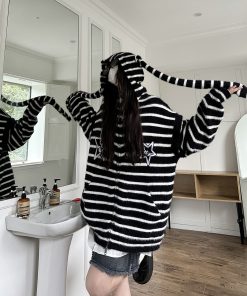 Striped Rabbit Ear Detachable Faux Mink Knit Cardigan Sweater for Men and Women - Trendy Autumn Winter Fashion