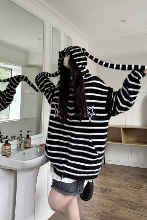 Striped Rabbit Ear Detachable Faux Mink Knit Cardigan Sweater for Men and Women - Trendy Autumn Winter Fashion