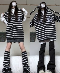 Striped Rabbit Ear Detachable Faux Mink Knit Cardigan Sweater for Men and Women - Trendy Autumn Winter Fashion