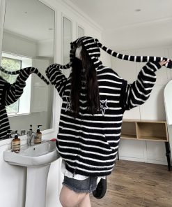 Striped Rabbit Ear Detachable Faux Mink Knit Cardigan Sweater for Men and Women - Trendy Autumn Winter Fashion