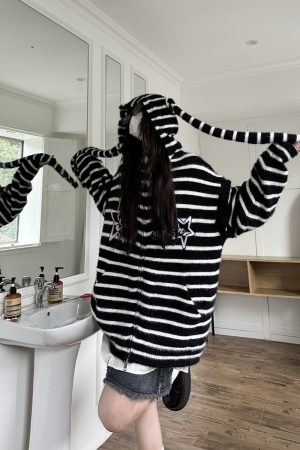 Striped Rabbit Ear Detachable Faux Mink Knit Cardigan Sweater for Men and Women - Trendy Autumn Winter Fashion