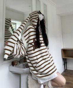 Striped Rabbit Ear Detachable Faux Mink Knit Cardigan Sweater for Men and Women - Trendy Autumn Winter Fashion